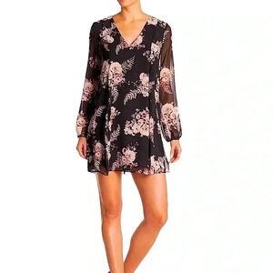 Women's BCBGeneration Long Sleeve Black Floral Print Mini Swing Dress M
